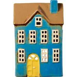 Casita Nyhavn azul y puerta amarilla