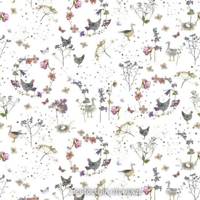 La tela de algodón Country Romance combina la delicada belleza de la vida rural con los sutiles motivos dibujados a mano por Kerstin Heß. Entre delicadas flores primaverales, tallos etéreos y suaves toques de color, aparecen pequeños gansos y gallinas, aportando una sensación de paz y conexión con la naturaleza. Delicadas guirnaldas florales, mariposas revoloteando y pequeños nidos se unen para formar una composición armoniosa que evoca tranquilos paseos por prados floridos. El suave efecto acuarela y la disposición ligeramente lúdica de los elementos confieren a la tela una calidez y ligereza románticas. Country Romance