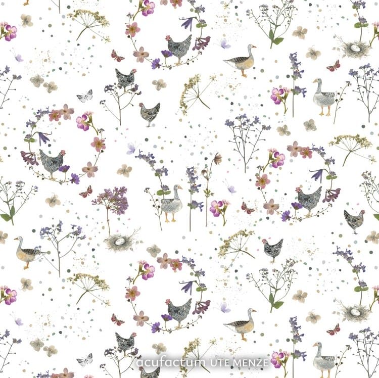 La tela de algodón Country Romance combina la delicada belleza de la vida rural con los sutiles motivos dibujados a mano por Kerstin Heß. Entre delicadas flores primaverales, tallos etéreos y suaves toques de color, aparecen pequeños gansos y gallinas, aportando una sensación de paz y conexión con la naturaleza. Delicadas guirnaldas florales, mariposas revoloteando y pequeños nidos se unen para formar una composición armoniosa que evoca tranquilos paseos por prados floridos. El suave efecto acuarela y la disposición ligeramente lúdica de los elementos confieren a la tela una calidez y ligereza románticas. Country Romance